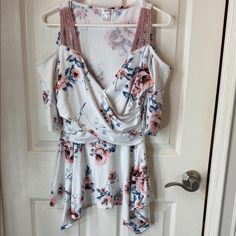 VENUS White Floral Cold-Shoulder Surplice Top with Pink & Blue Accents